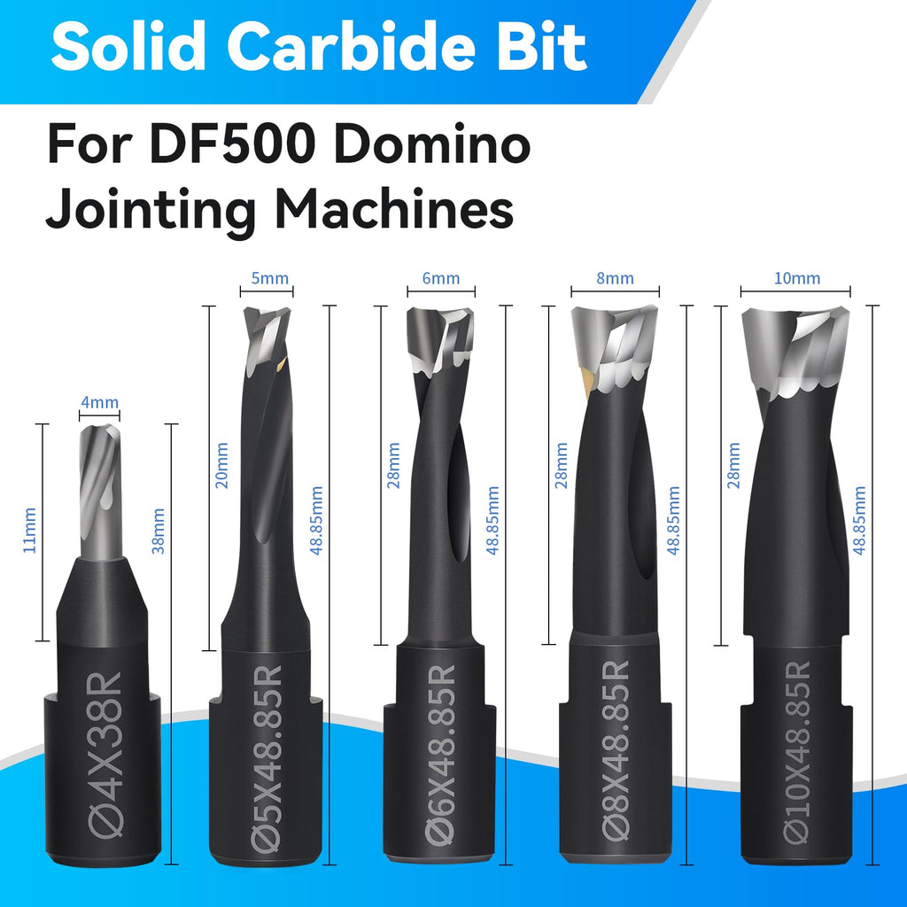 Solid Carbide Router Bits Set for Domino Joiner Machine, 5-Piece Domino Jointer Bits Kit (4mm-10mm Cutting Diameters), Black PTFE Coated Cutting Tools for Woodworking & Joinery